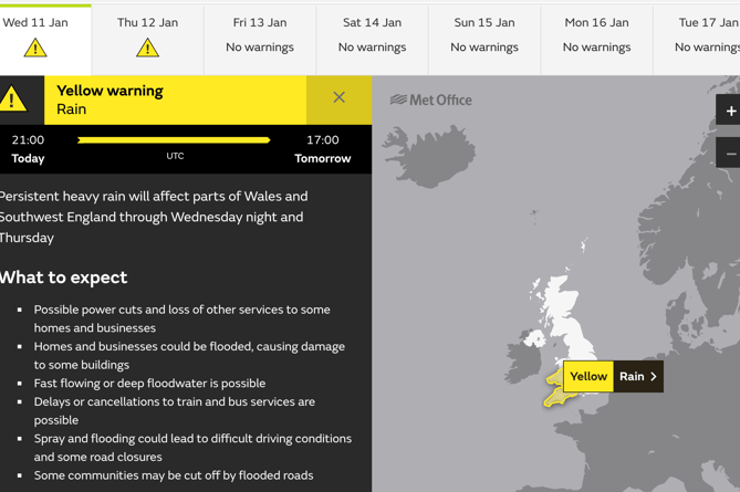 South West of England have been issued with a yellow weather warning as rain hits. 