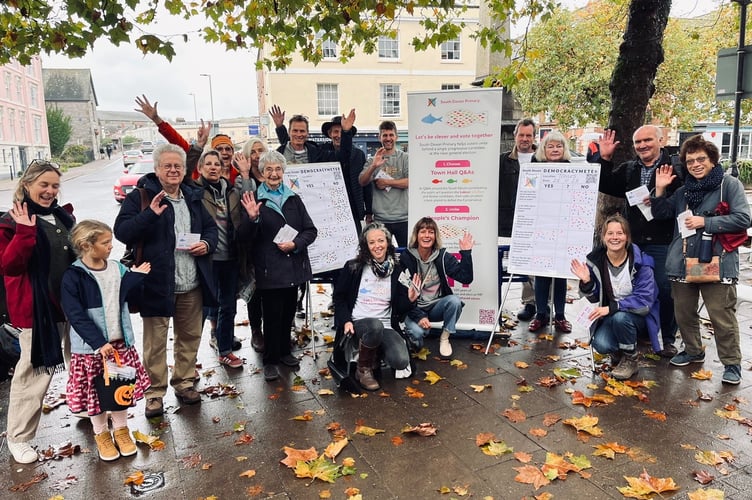 South Devon Primary campaigning with their Democracy meter in Totnes