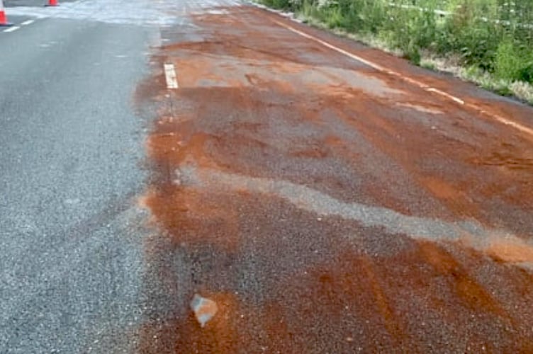 Damage to the A38 following last night's HGV fire