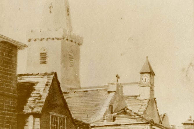 Fore Street, Kingsbridge - Photo of watercolour painting of St. Edmunds Church & "Shambles" prior to erection of Town Hall in 1850. 
Buildings on left of Shambles demolished for Town Hall.  Nameplate Kelland on Shambles wall.  Watercolour dated c. 1830.