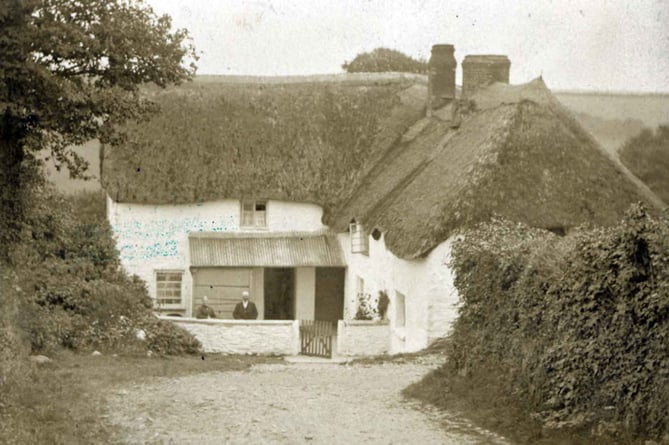 Home Park thatched house 1890. 
Two people leaning on garden wall.