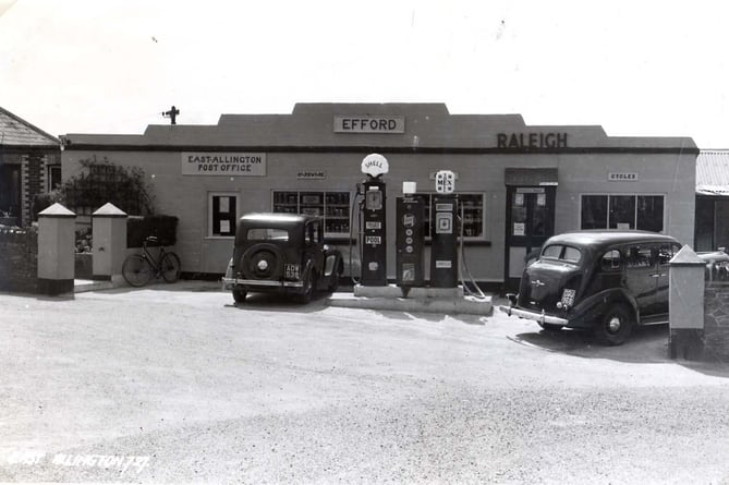 East Allington Post Office at Efford  Garage taken after 1939-1945. Note pool petrol pump, two cars on forecourt.